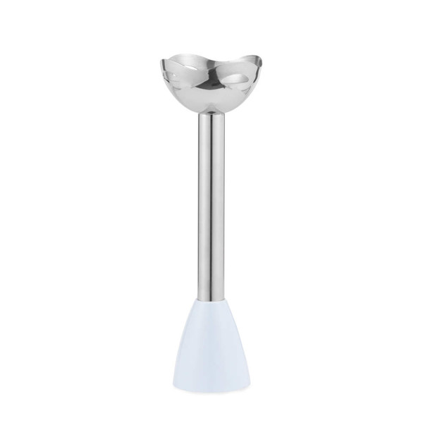Stainless steel hand blender attachment with light blue plastic base, shown upright.