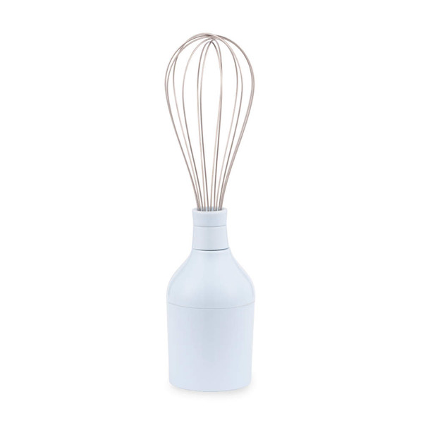 Blue handled balloon whisk standing upright, isolated on white background
