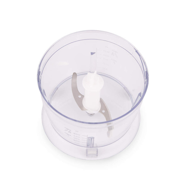 Clear plastic food processor bowl with metal blades, shown empty from above.