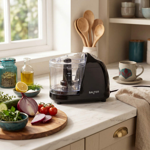 Black mini food processor on kitchen worktop with fresh vegetables