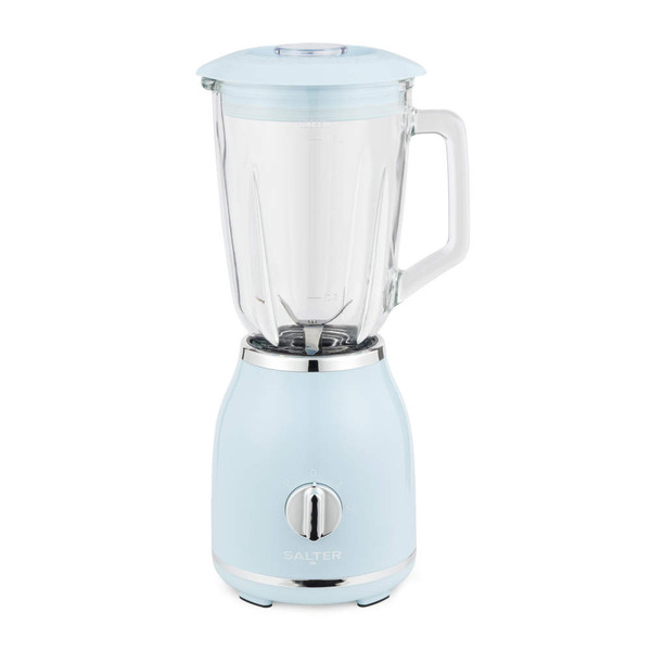 Pale blue electric blender with glass jug, front view