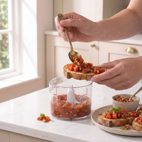 Chopped tomato bruschetta on toasted bread, beside a mini food chopper in a kitchen