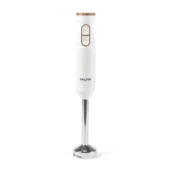 White hand blender with wood accent and metal shaft, single unit, upright product shot