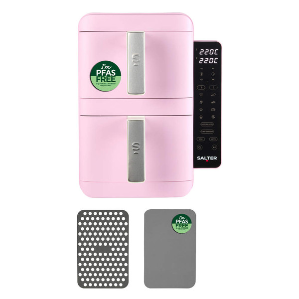 Pink dual air fryer with digital display, two baskets, PFAS free, shown with tray and mat.
