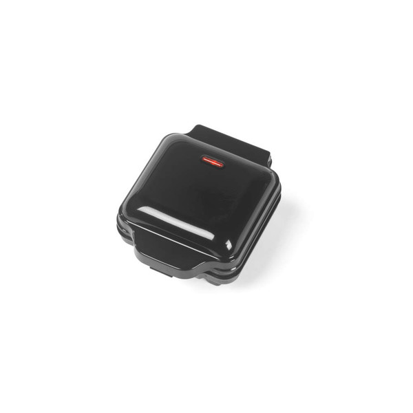 Black sandwich toaster with closed lid shown from above