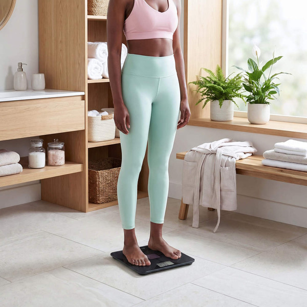 Woman in sportswear standing on digital bathroom scale in modern bathroom