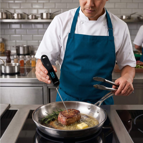 Chef using digital food thermometer to check steak in frying pan