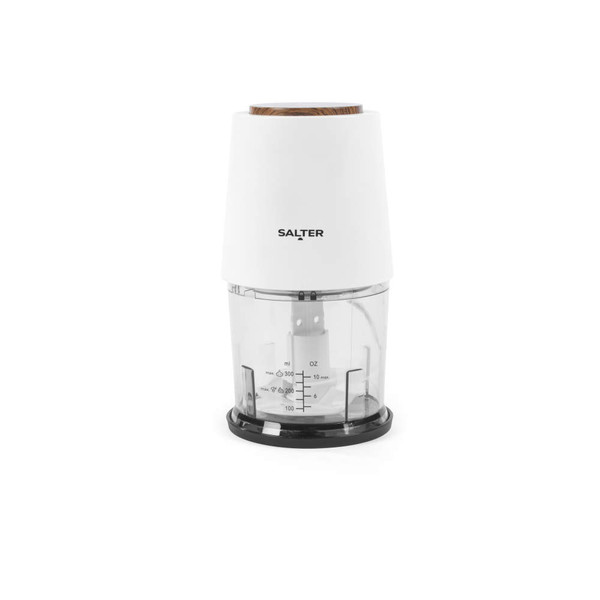 White electric mini chopper with clear bowl and Salter logo, shown front view.