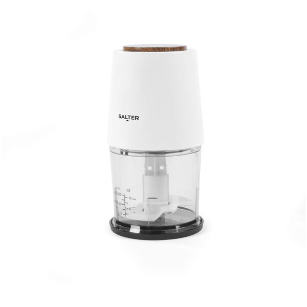White electric food chopper with clear bowl and wood-effect lid detail, shown upright.