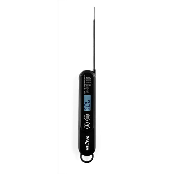 Black digital food thermometer with metal probe, display reads 70.5°C, Salter branding