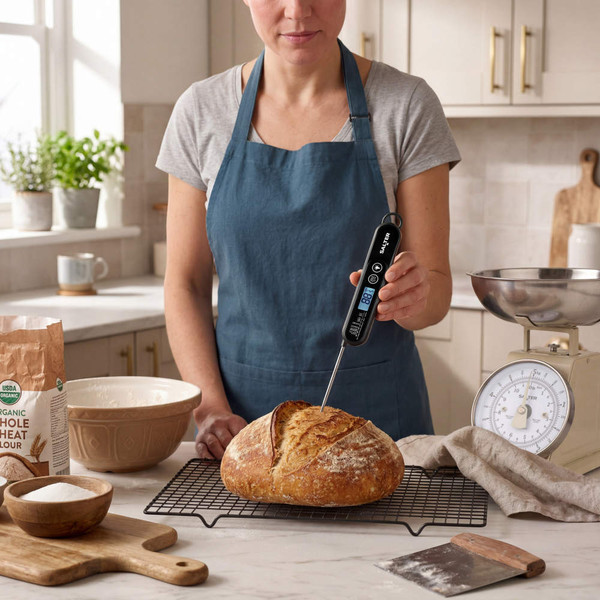 Digital food thermometer inserted in rustic loaf, home kitchen background.