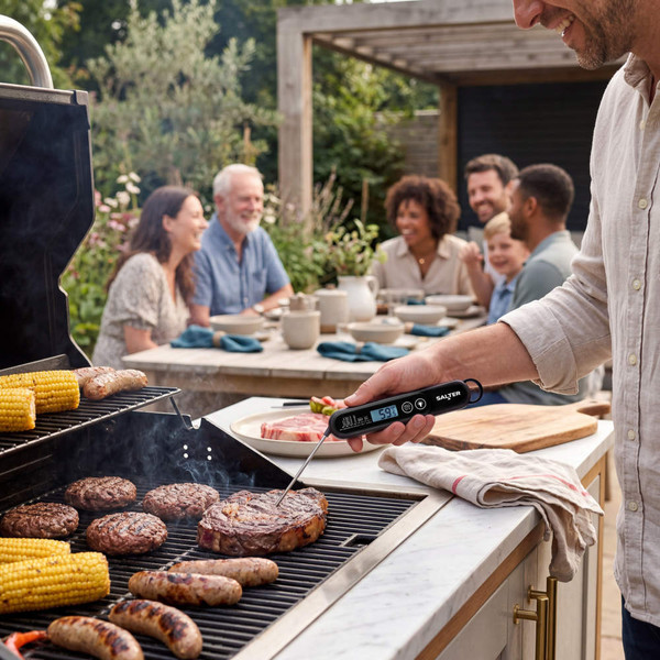 Hand holding Salter digital meat thermometer at barbecue grill with burgers, sausages, and corn.