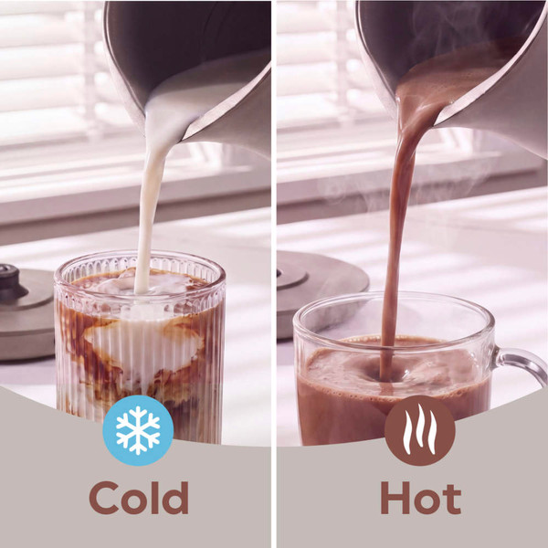 Split image showing cold iced drink and hot chocolate drink being poured