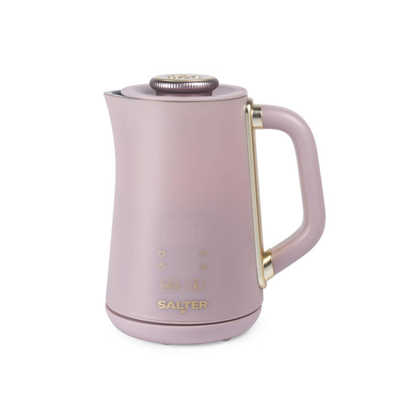 Blush pink electric kettle with gold accents and digital controls, shown from side angle.