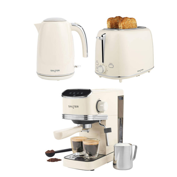 Cream kitchen set: electric kettle, toaster with toast, and espresso machine with coffee cups