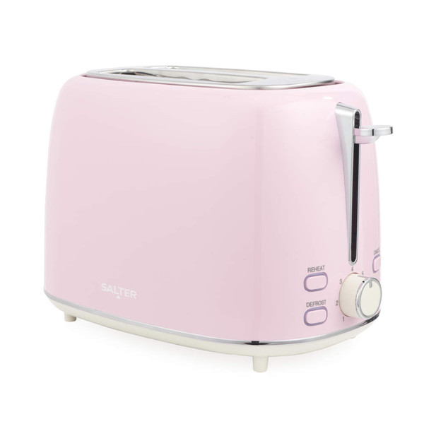 Pink two-slice toaster with chrome controls and Salter branding, shown at a side angle