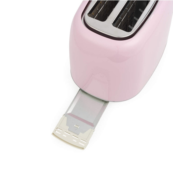 Pink 2-slice toaster close-up showing crumb tray pulled out