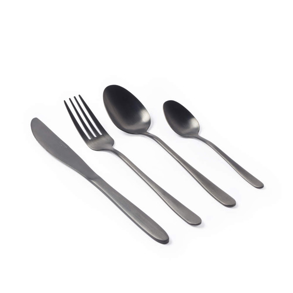 Set of four black matte stainless steel cutlery: knife, fork, tablespoon, teaspoon.