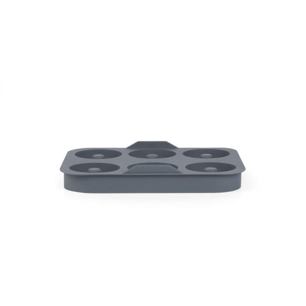 Grey silicone muffin tray with six round moulds, shown from front angle
