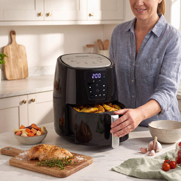 Salter black air fryer with open drawer, shown from above