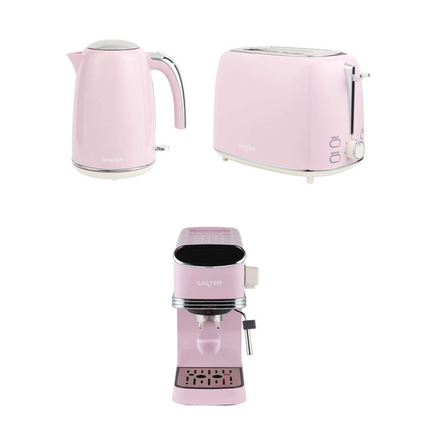 Set of three pink Salter kitchen appliances: kettle, toaster and coffee machine