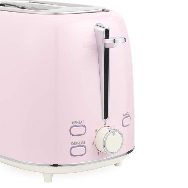 Pink two-slice toaster with dial and reheat, defrost functions, shown angled view