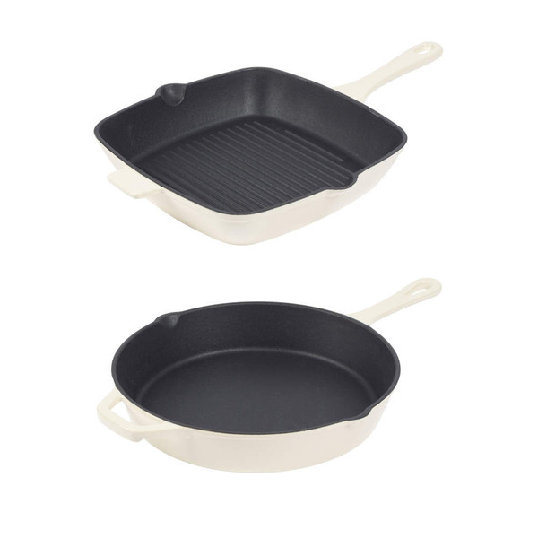 Cream cast iron grill and frying pans set, shown top-down
