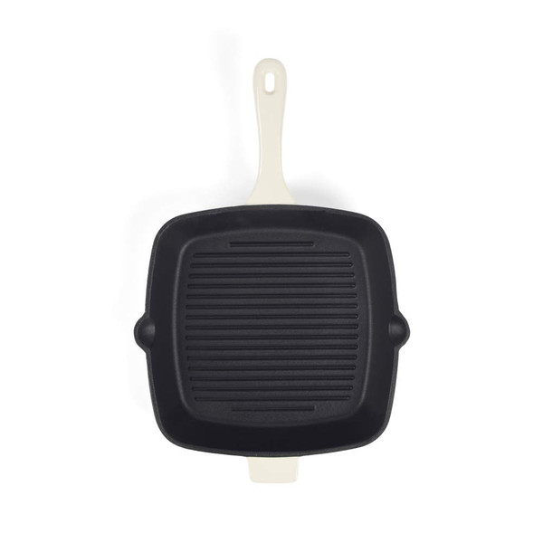 Square black cast iron grill pan with cream handle, shown from above.