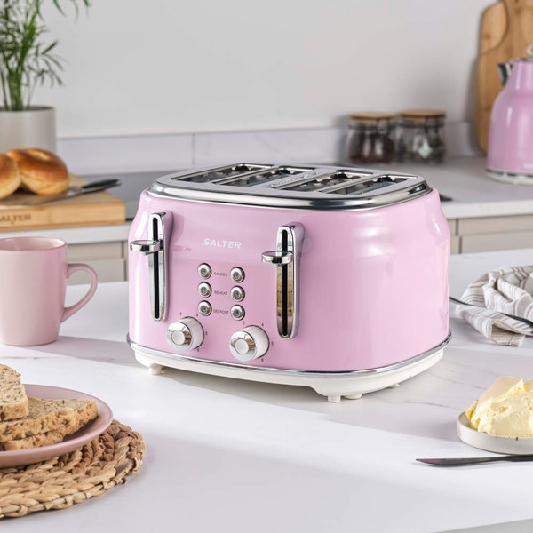 Retro Kettle, 4-Slice Toaster, Bread Bin & Canister Set - Pink