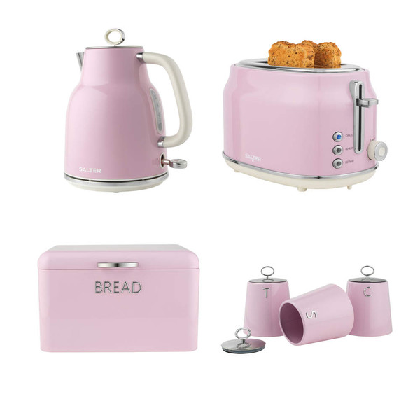 Set of pink Salter kettle, toaster, bread bin and storage canisters for kitchen