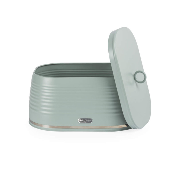 Sage green ribbed bread bin with lid, Salter logo on front
