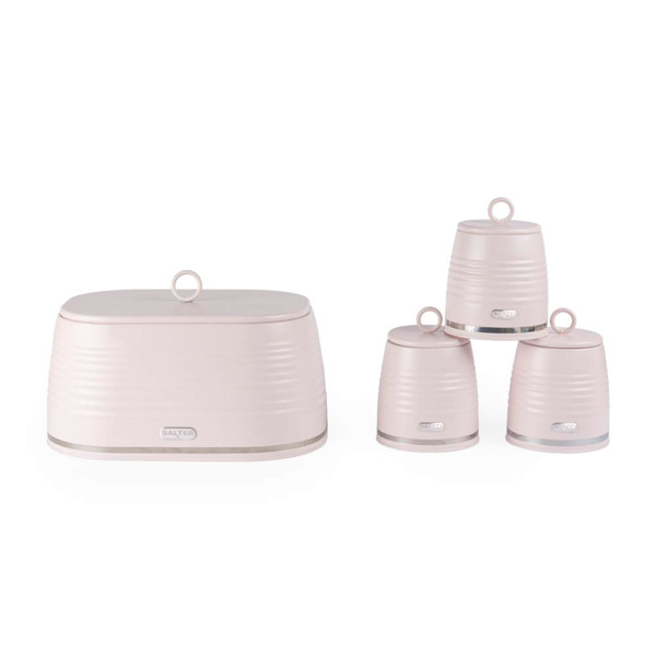 Set of 4 blush pink Salter kitchen storage canisters with lids, includes bread bin and three jars.