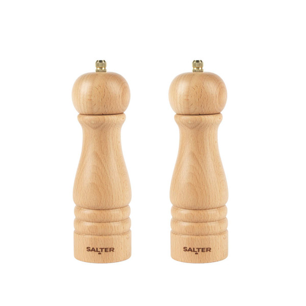Pair of natural wood salt and pepper mills with round tops, Salter branding