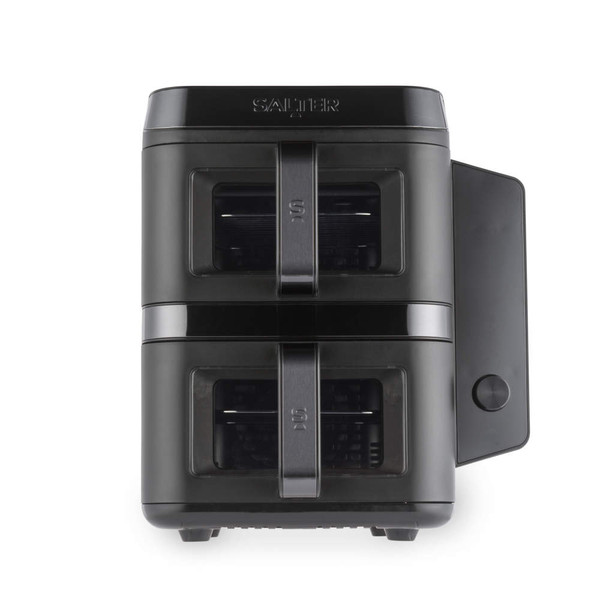 Black dual air fryer with two viewing windows, front view