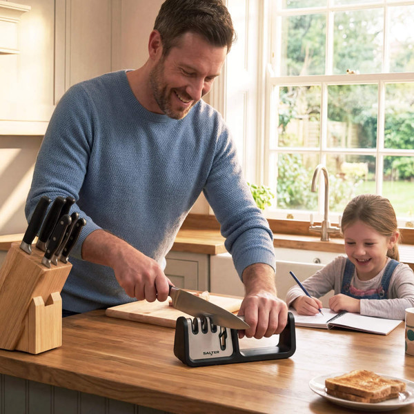 Kitchen scene with Salter knife sharpener in use, knife block visible on countertop.