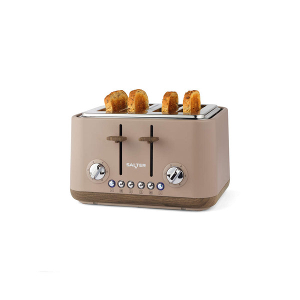 Mocha four-slice toaster with wood-effect base and controls