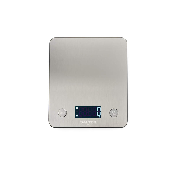 Silver digital kitchen scale with LCD display, showing zero, viewed from above
