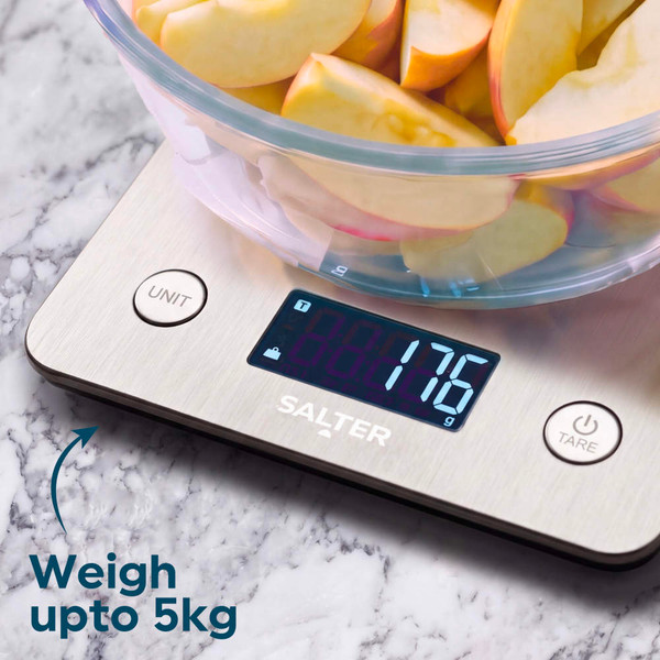 Salter digital kitchen scale with bowl of sliced apples, weighing up to 5kg