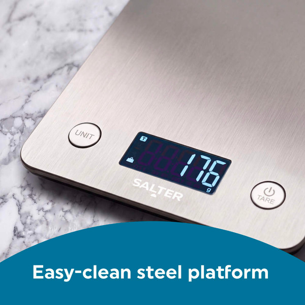 Digital kitchen scale with brushed silver platform and blue display