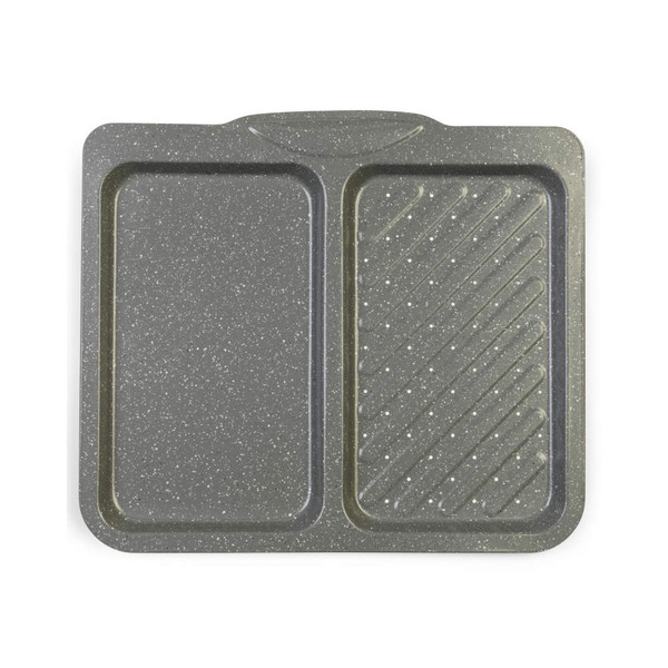 Grey double oven tray with flat and ridged sections, suitable for roasting and grilling