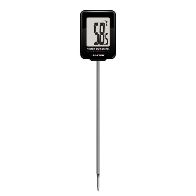 Digital cooking thermometer with black display and stainless steel probe