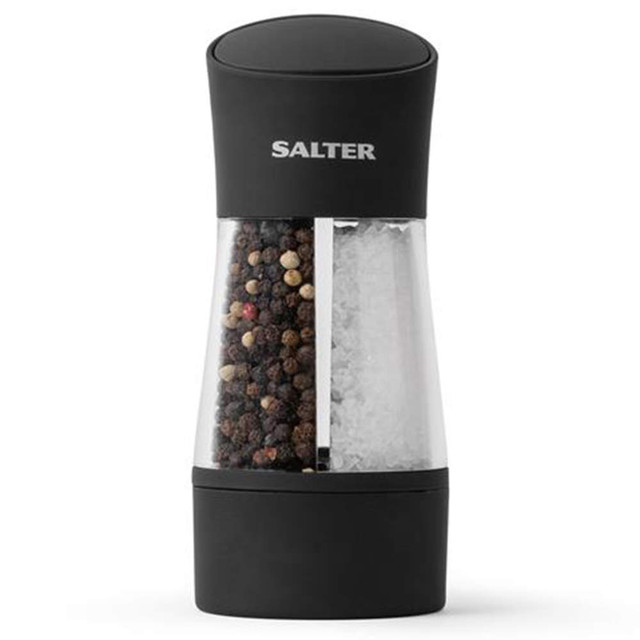 Dual chamber black and clear salt and pepper grinder, shown upright.