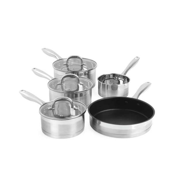 Set of five stainless steel saucepans and frying pan with lids, shown on white background
