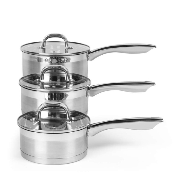 Set of three stainless steel saucepans with lids, silver finish, side view