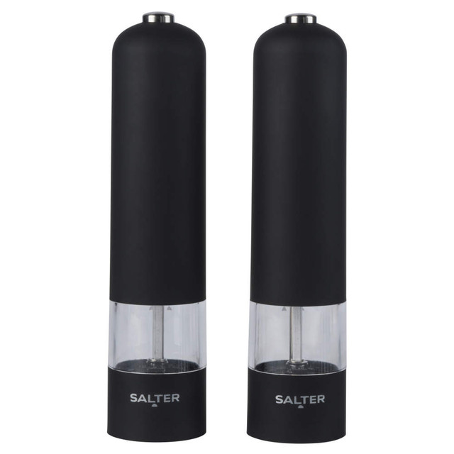Set of two black electric salt and pepper mills with clear base, Salter brand