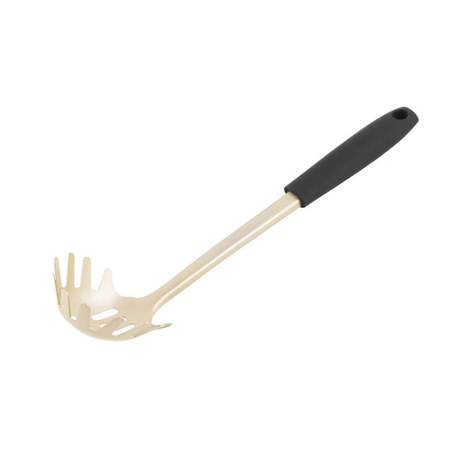 Gold pasta server with black handle, shown at angle on white background