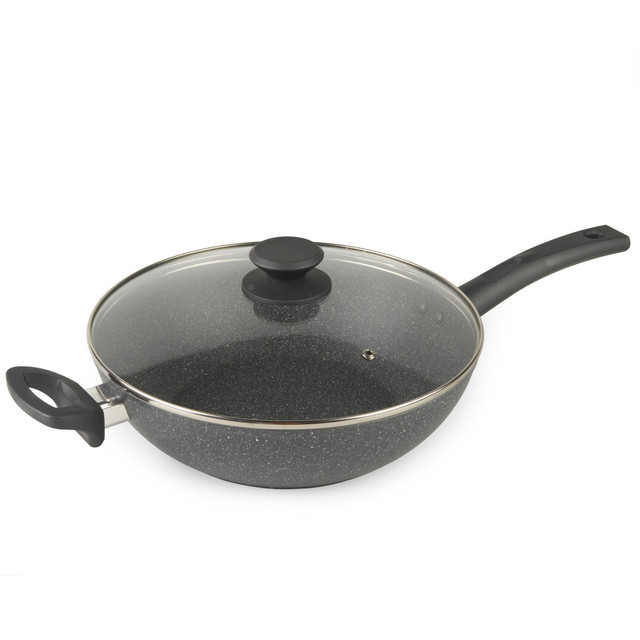Marblestone Coated Wok With Glass Lid, 28 cm - Grey - BW09337AR - Salter - 5054061361964