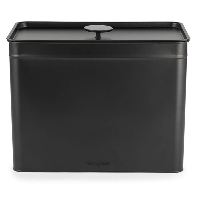 Black metal bread bin, Salter Kuro range, shown with packaging for UK shoppers