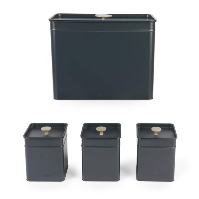 Set of four black metal kitchen storage tins with gold knobs, suitable for tea, coffee, sugar, bread.