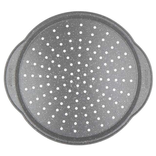 Non-stick grey pizza tray with holes for crisping, top view